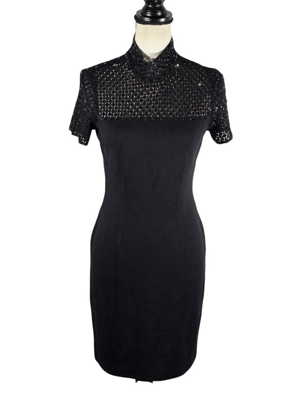 St. John Evening Marie Gray Black Knit Dress W/ Sequin Lace Overlay Short Sleeve